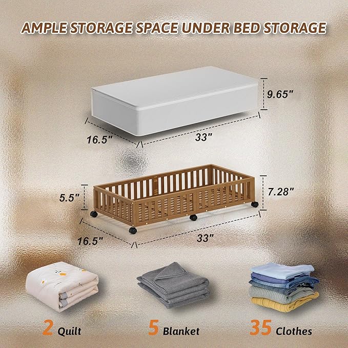 Bamboo Under Bed Storage Containers with Wheels, 2 Pack Large Under the Bed Shoe Storage Bins, Wood Rolling Underbed Drawers 