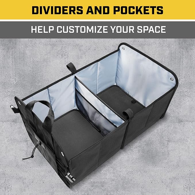 CAT FlexTrunk Car Trunk Organizer Storage - Collapsible Dual-Compartment Automotive Adjustable Pockets Expandable Sturdy Multipurpose
