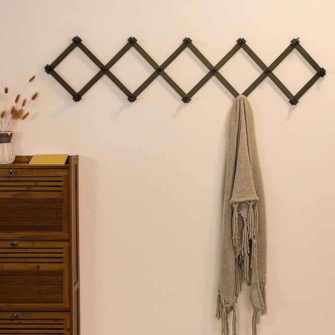 SKOLOO Accordion Wall Hanger with 16 Hooks, Modern Expandable Coat Rack Hat Rack for Wall, Solid Wooden, Dark Walnut Color