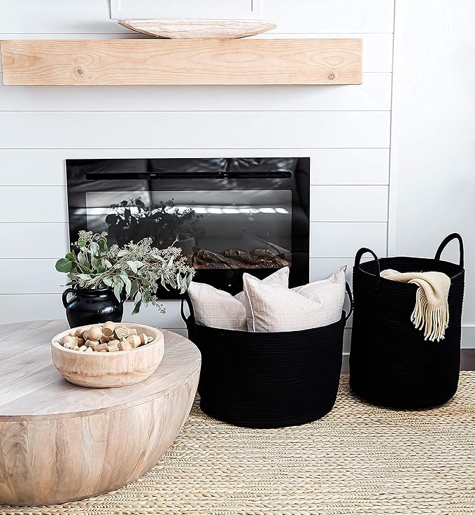 OrganiHaus Large Black Woven Laundry Basket w/Handles 52L, Rope Dirty Clothes Hamper, Blanket Basket for Living Room, Baby La