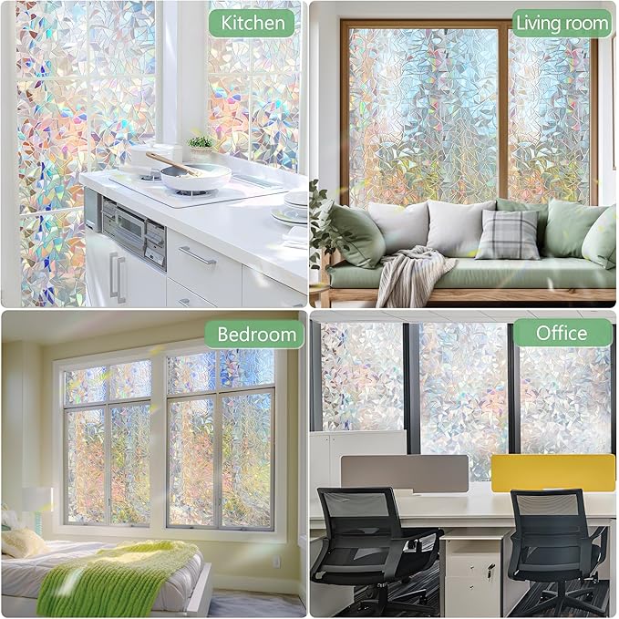 HIDBEA Window Privacy Film Static Clings, Rainbow Window Film, 3D Decals Non-Adhesive Window Vinyl Film for Home Door, 23.6 Inch x 13.1 Feet
