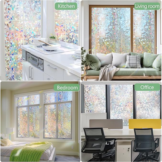 HIDBEA Window Privacy Film Static Clings, Rainbow Window Film, 3D Decals Non-Adhesive Window Vinyl Film for Home Door, 35.4 Inch × 6.5 Feet