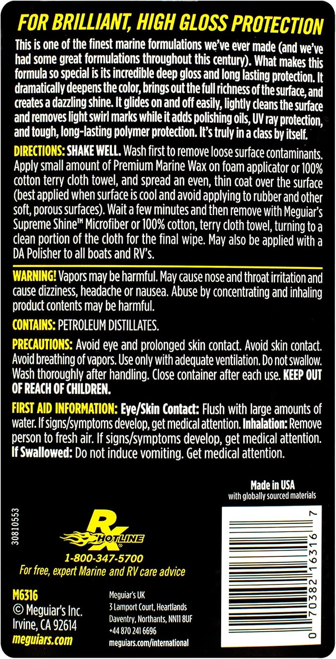 Meguiar's Flagship Premium Marine Wax M6316 - Synthetic RV and Boat - Durable Fiberglass and Gel Coat Protection for a Long-Lasting Shine - Professional-Grade with UV Protection, 16 Oz Liquid