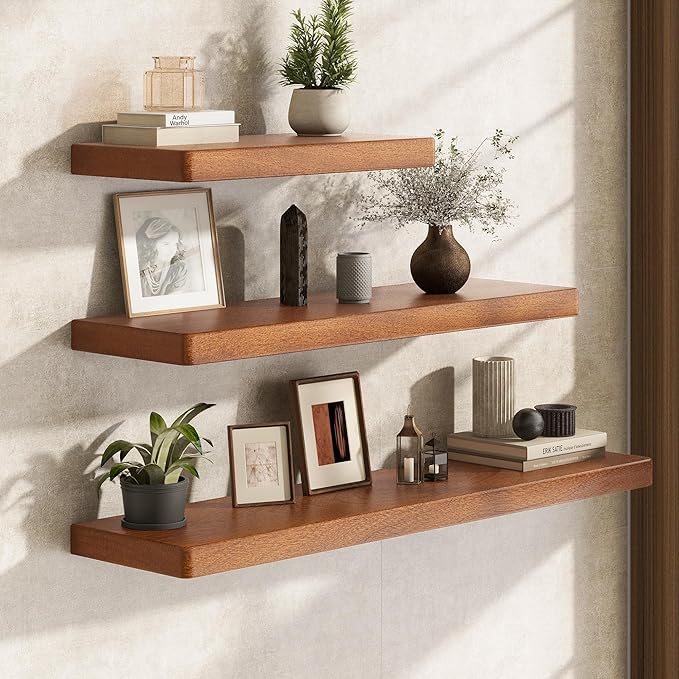 Fun Memories 36 Inch Floating Shelves, Rustic Solid Wood Wall Shelves Set of 2, 8 Inch Deep Floating Shelf for Bathroom, Bedr