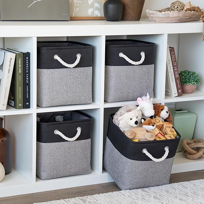 OrganiHaus 11x11 Cube Storage Bins 4 Pack, Foldable Cube Storage Organizer w/ Rope Handles, Collapsible Fabric Bins for Toys,