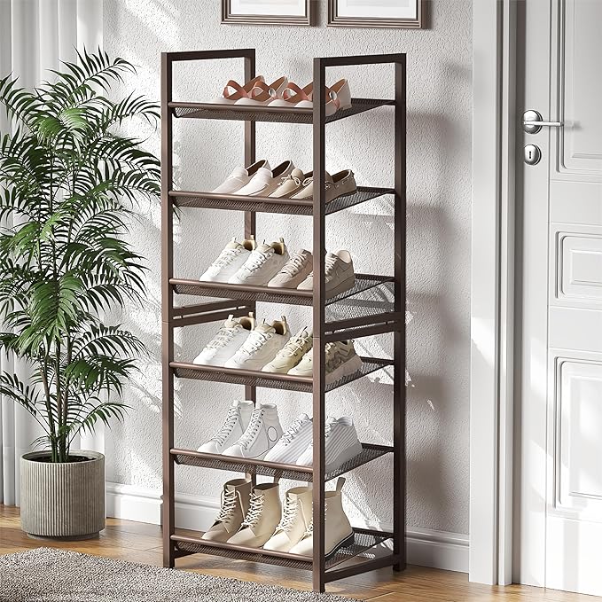 6 Tier Shoe Rack, Stackable Shoe Storage with Mesh Shelves, Holds 12-15 Pairs, Metal Shoe Organizer for Entryway Closet Garag