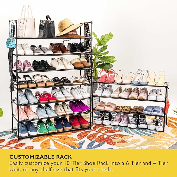 Sundaze Shoe Rack - 10 Tier Shoe Rack for Front Door Entrance, Sturdy Tall Shoe Organizer for Closet, Bedroom, Entryway, Gara