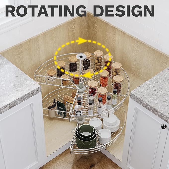 DWVO 31″ Kidney 2-Tier Lazy Susan – Telescoping Mount Corner Cabinet Organizer with Pie-Shelf Design, for Bathroom,Kitchen Ca
