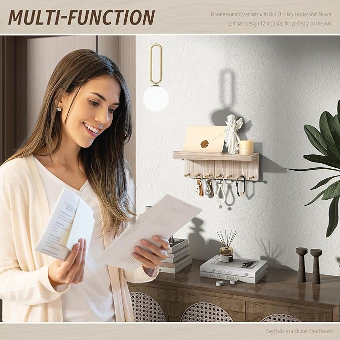 Rebee Vision Key Holder Wall Mount for Farmhouse Decor - Key and Mail Holder for Wall with 7 Sturdy Key Hooks and Floating Sh