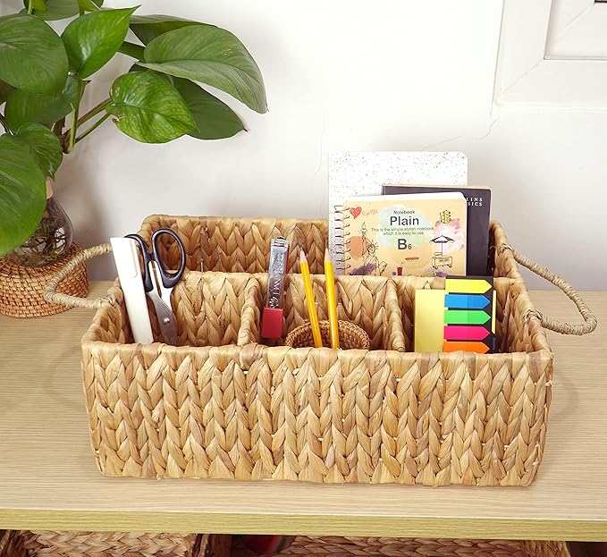 Wicker Divided Storage Basket Woven Natural Basket Hyacinth for Organizing Bathroom Kitchen Shelves Office Supplies Organizat