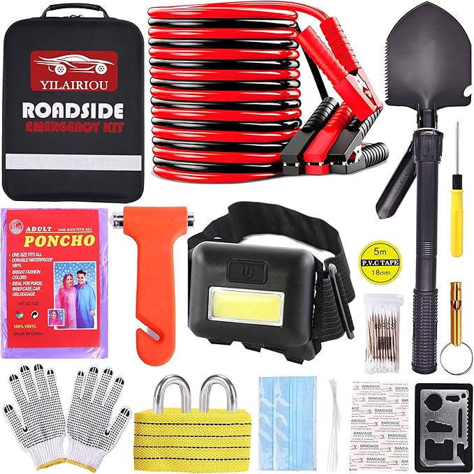 Car Roadside Emergency Kit, with Jumper Cables Automotive Kit,Car Safety Roadside Assistance Kit Headlamp,Tow Straps, Safety 