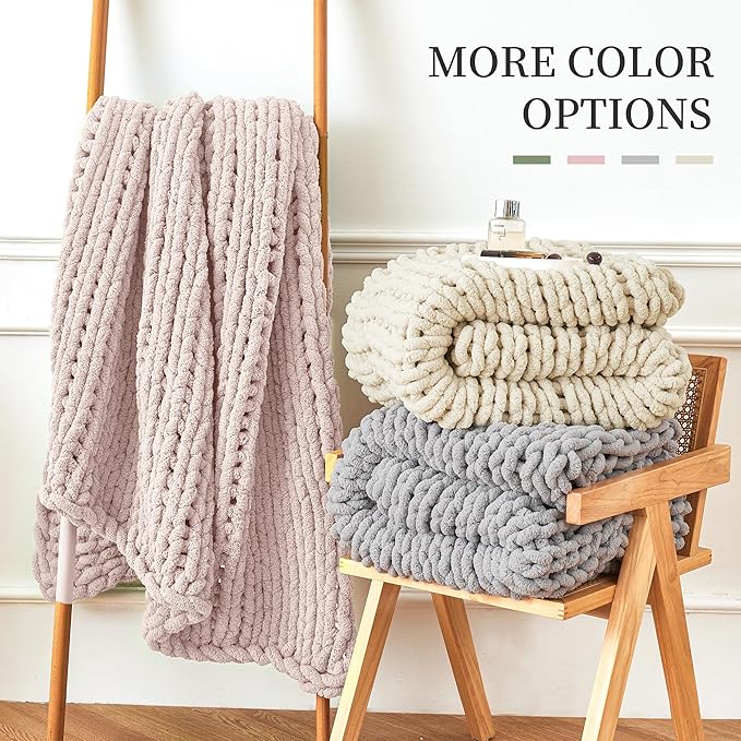 Admitrack Chunky Knit Blanket Throw, 100% Hand Knit Chenille Throw Blanket for Sofa & Home Decor, Soft and Cozy Knitted Throw