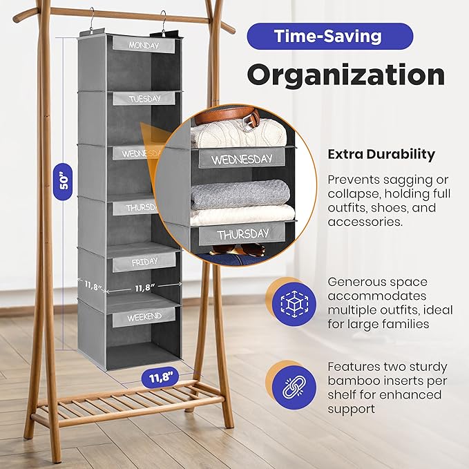 Handy Laundry Hanging Clothes Organizer for Kids - 6-Shelf Closet Daily Clothing Organization Labeled Shelves with Days of Th