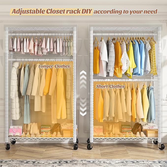 Raybee Rolling Clothes Rack with Cover Clothing Racks for Hanging Clothes Heavy Duty Portable Closet with Wheels Garment Rack