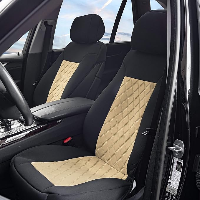 FH Group Car Seat Cover Cushion - 2 Pack Seat Covers for Cars Trucks SUV, Beige Black Neosupreme Car Seat Cushions, Waterproo