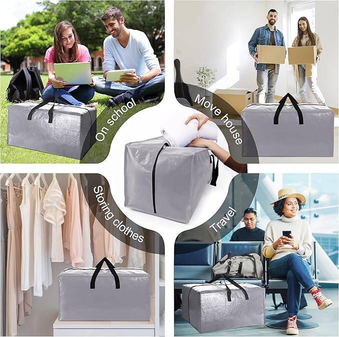 6 Pack Heavy Duty Extra Large Moving Bags W/Backpack Straps - Strong Handles & Zippers, Storage Totes For Space Saving, Fold 