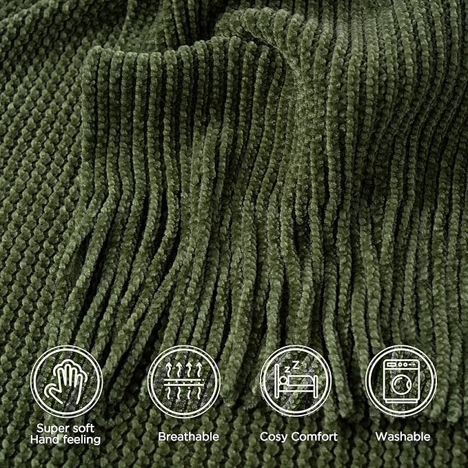 BATTILO HOME Olive Green Throw Blanket for Couch, Soft Chenille Knit Throws with Tassels for Home Decor, Green Throws for Cou