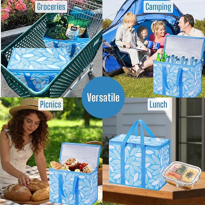 VENO 2 Pack Insulated Cooler Bag, Reusable Grocery Shopping Bag for Food Delivery, Heavy Duty, Large Size, Durable Handles, Double Zippers, Lid, Collapsible (Spring Breeze, 2 Pack)