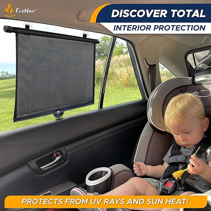 EcoNour Car Window Shades for Baby (2 Pack) - Upgraded | Shades for Side Window | Comes with Enhanced Suction Cups & Large Clips for Durability | Baby Car Accessories (18" x 20")