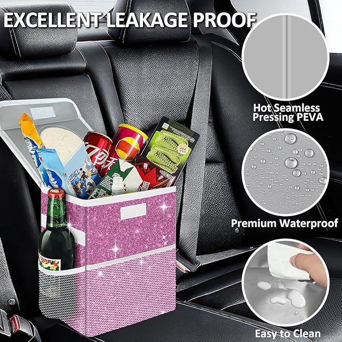 Cute Mini Car Trash Bag with Lid, Glitter Garbage Can Bin Hanging for Back/Front Seat/Console, Waterproof, Leakproof, 2.5 Gallon, Purple Bling Sparkly