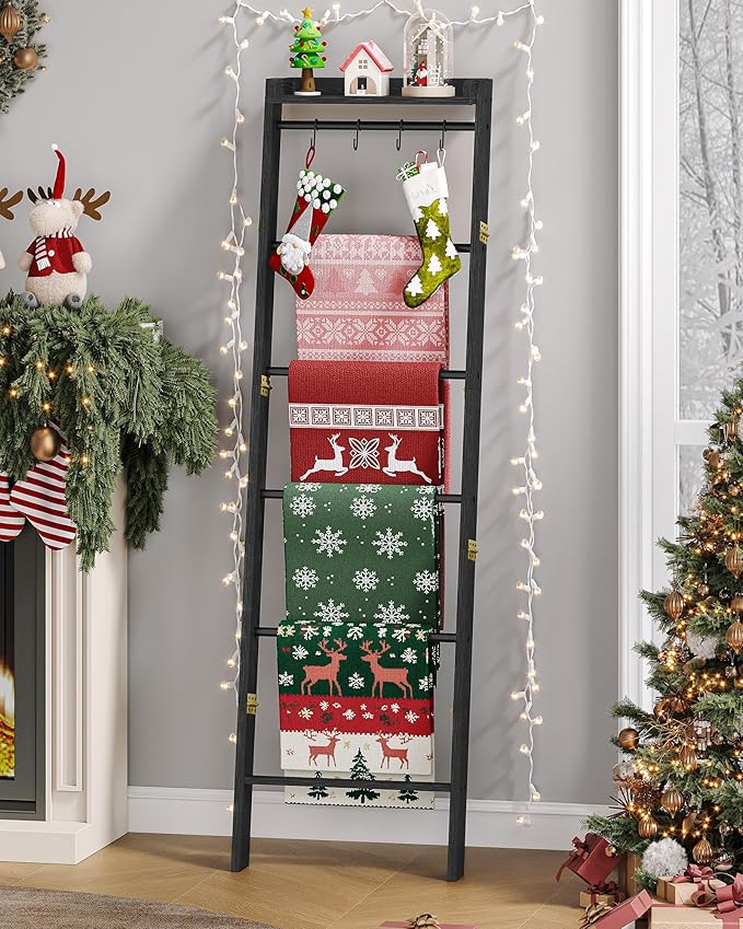 Hzuaneri Blanket Ladder Shelf, Decorative Quilt Rack, 7-Tier Farmhouse Ladder Holder Organizer with 4 Removable Hooks 7.9" D 