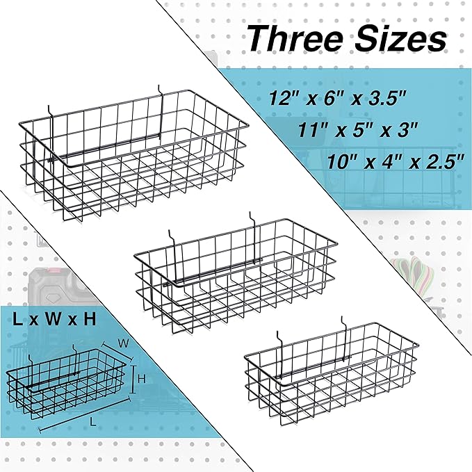 RightArrange Pegboard Baskets, Set of 3 Black - Hooks to Any Peg Board - Square Style Baskets Hold More - Organize Tools, Wor