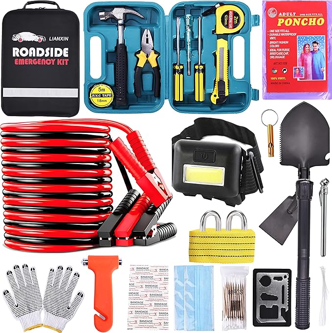 Emergency Roadside Kit for Car - Roadside Safety Tool Kit,with Jumper Cables Car Kit Headlamp Folding Shovel Safety Hammers T