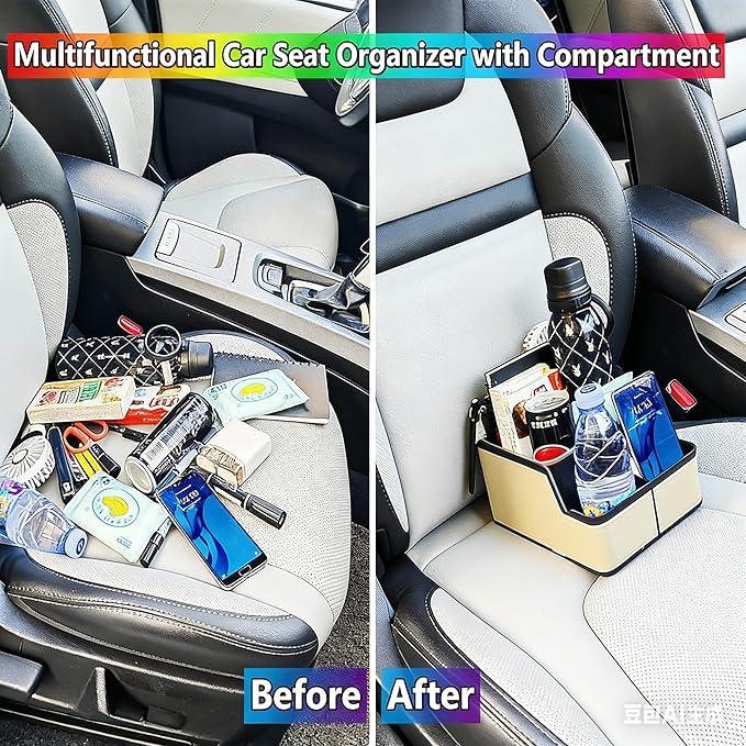 Car Organizer Between Back Seat,Car Armrest Storage Box with Compartment,Multifunctional Front Seat Organizer,Center Console Cup Holder Tray,Car Seat Organizer with Non-slip Mat(Beige)