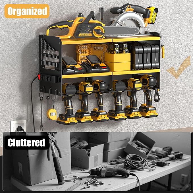 Spampur Large Power Tool Organizer Wall Mount with Charging Station, 3 Layer Heavy Duty Metal Tool Storage Rack Loads 420lbs 