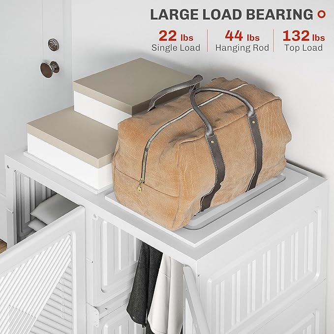 HOMCOM Portable Wardrobe Closet, Folding Clothes Storage Organizer with 3 Cube Compartments, Hanging Rod, 4 Magnet Doors, Whi