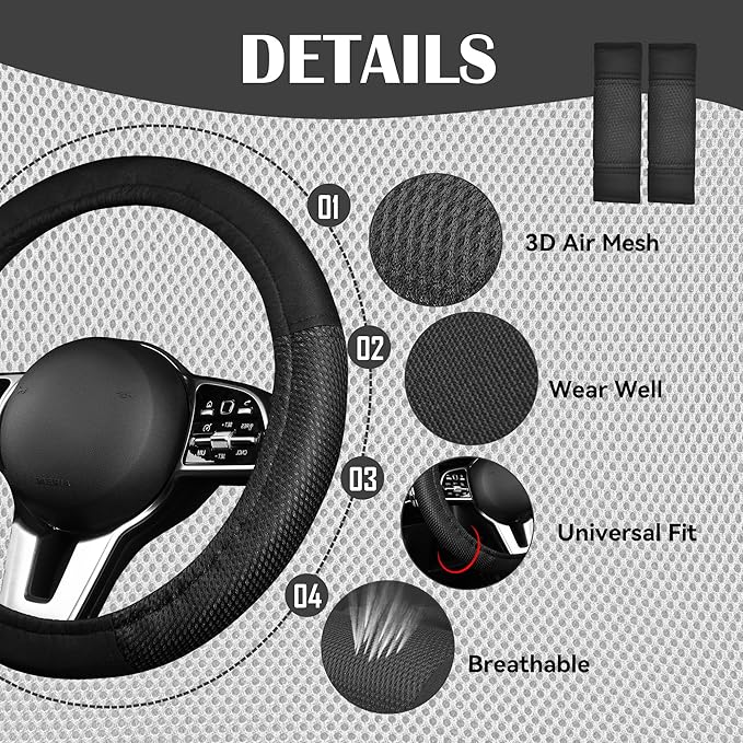 CAR PASS Universal 13PCS 3D Air Mesh Car Seat Covers -100% Breathable Seat Covers Full Sets Steering Wheel and Belt Cover Airbag and Rear Split Bench Compatible for Automotive SUV Truck (Pure Black)
