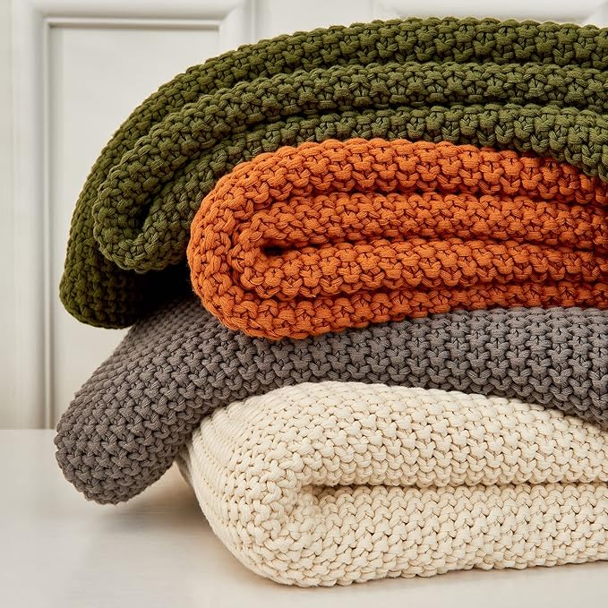 Chunky Cable Knit Throw Blanket Lightweight Burnt Orange 100% Organic Cotton Blanket for Sofa Couch Bed Baby Nursery, Rustic 