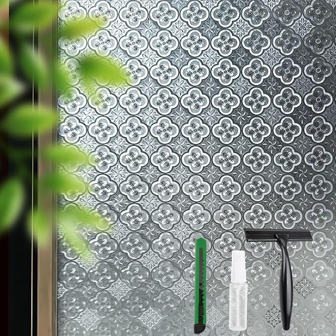 STATINT Frosted Glassy Petals 3D Begonia Window Privacy Film Decorative Non Adhesive Static Electricity Sun Blocking Flowering for Bathroom and Home，35.4 Inch X 6.5 Feet