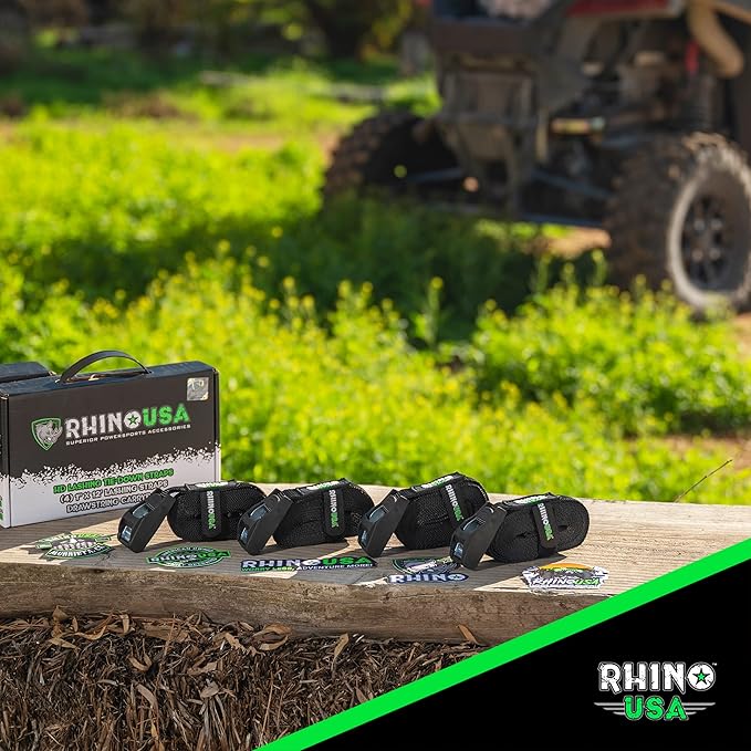 Rhino USA Lashing Straps Cargo Tie Downs (4PK) - 1,320lb lab Inspected Max Break Strength, Includes (4) Heavy Duty 1in x 12ft Cam Buckle Pull Straps. Best for Kayak, Cooler, Cargo