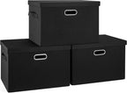 Graciadeco Large 17" 36 Quart Collapsible Stackable Storage Bins with Lids, 3 Packs Black Linen Fabric Closet Boxes with Lids