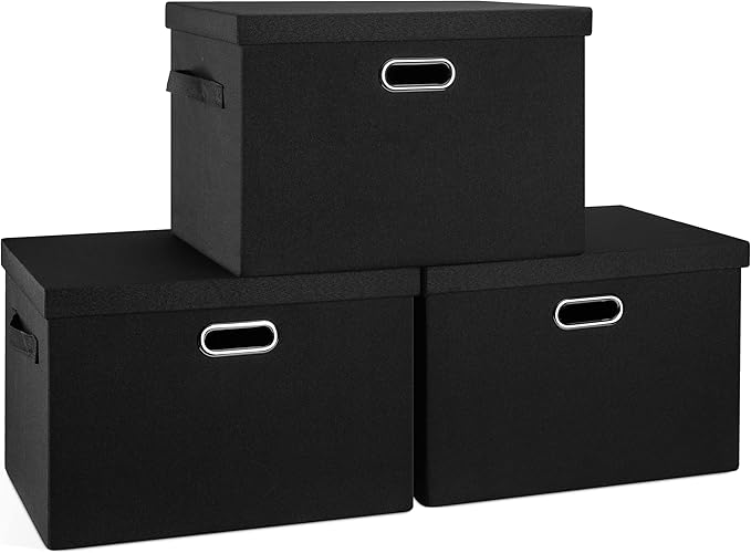 Graciadeco Large 17" 36 Quart Collapsible Stackable Storage Bins with Lids, 3 Packs Black Linen Fabric Closet Boxes with Lids
