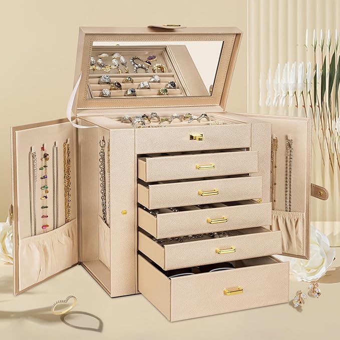 AKOZLIN Huge Jewelry Box Organizer Functional Extra Large Leather Jewelry Storage Case for Women Girls Ring Necklace Earring 