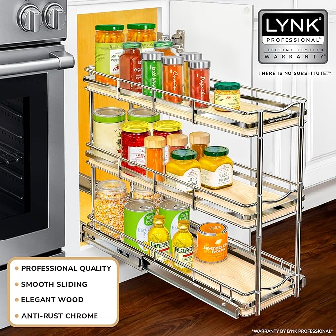 LYNK PROFESSIONAL® Élite™ Pull Out Spice Rack Organizer for Inside Kitchen Cabinets - 6" x 21" - Slide Out Drawer – Wood/Chro