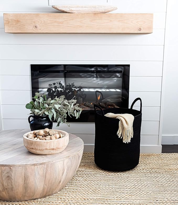 OrganiHaus Large Black Woven Laundry Basket w/Handles 52L, Rope Dirty Clothes Hamper, Blanket Basket for Living Room, Baby La