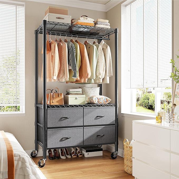 Raybee Clothes Rack Heavy Duty Clothing Rack with Rolling Wheels & 4 Drawers, Clothing Racks for Hanging Clothes with Drawers