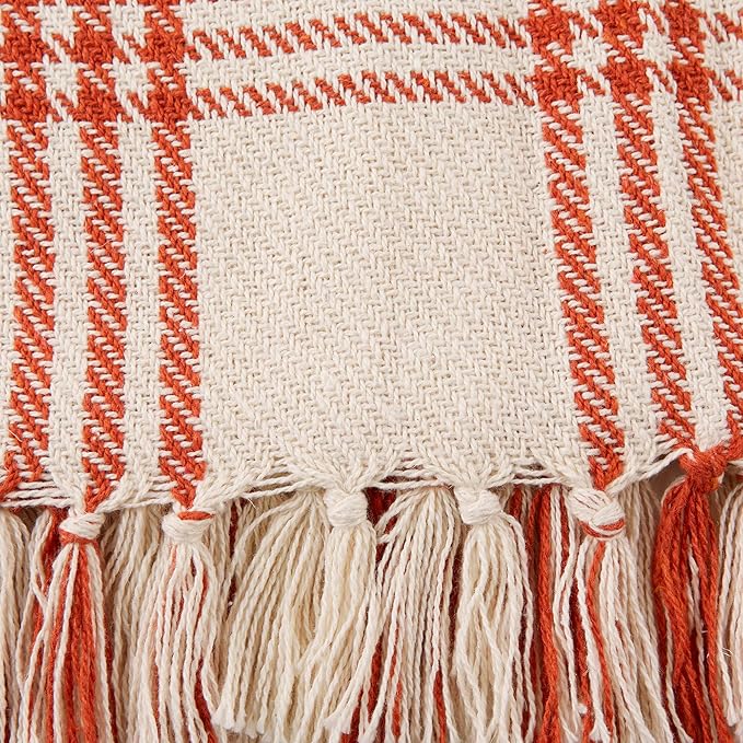 DII Modern Farmhouse Plaid Collection Cotton Fringe Throw Blanket, 50x60, White/Vintage Red