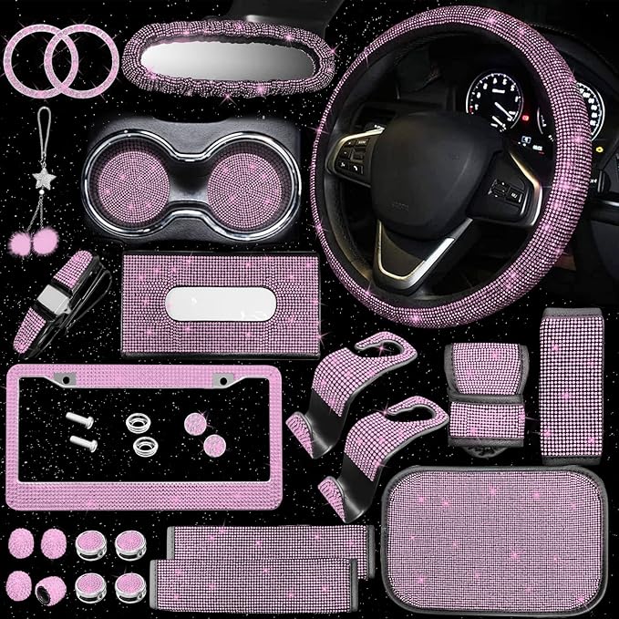 25PCS Bling Car Car Accessories Set,15 Inch Steering Wheel Cover,Shiny License Plate Frame,Center Console Cover and Rearview Mirror Set and Other Car Accessories(Pink)