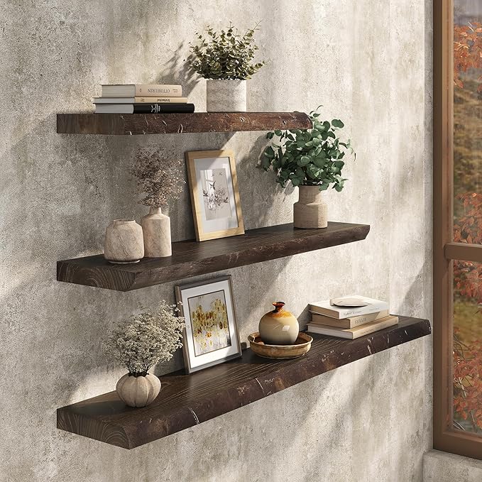 Floating Shelves Set of 2, Solid Elm Wood Wall Shelves 36 Inch - Invisible Bracket Mount for Living Room, Bedroom, Kitchen, B