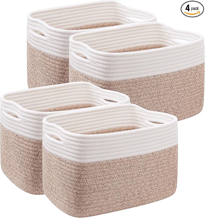 Storage Baskets for Shelves Set of 4 Woven Baskets for Closet Rectangle Toy Bin for Baby Nursery 12.7"Lx9"Wx7.9"H Brown & Whi