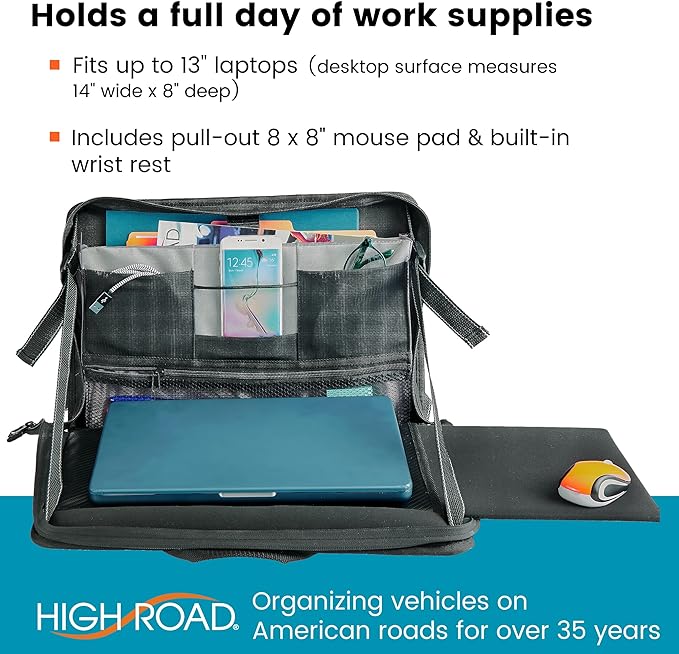 High Road Car Desk for Laptop and Steering Wheel Desk - Portable Car Office Laptop Case with 6 Storage Compartments, Phone Holder, Sturdy Mouse Tray and Wrist Rest