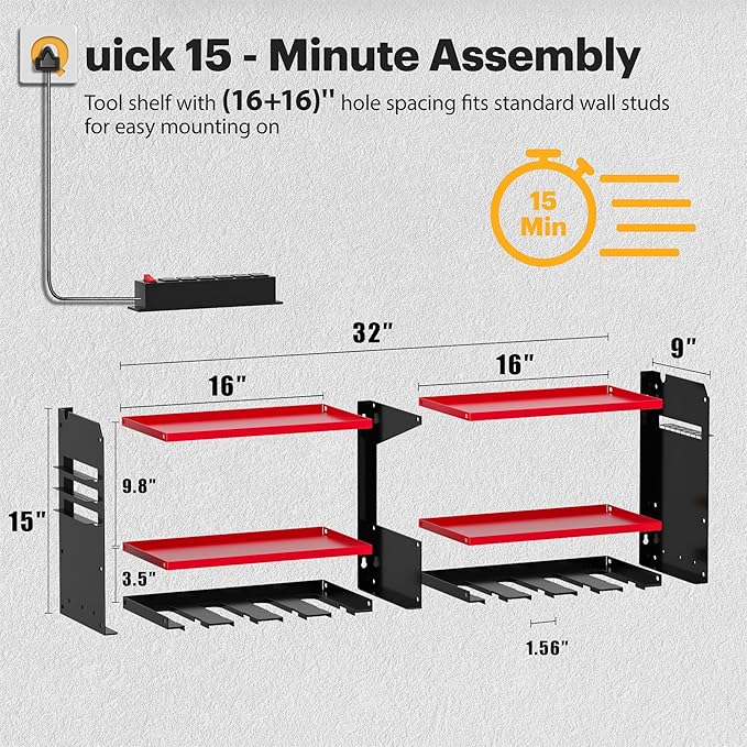 Spampur Power Tool Organizer Wall Mount with Charging Station, 15 Min Assembly & Maximum 420lbs Load by Heavy Duty Metal, 8 S