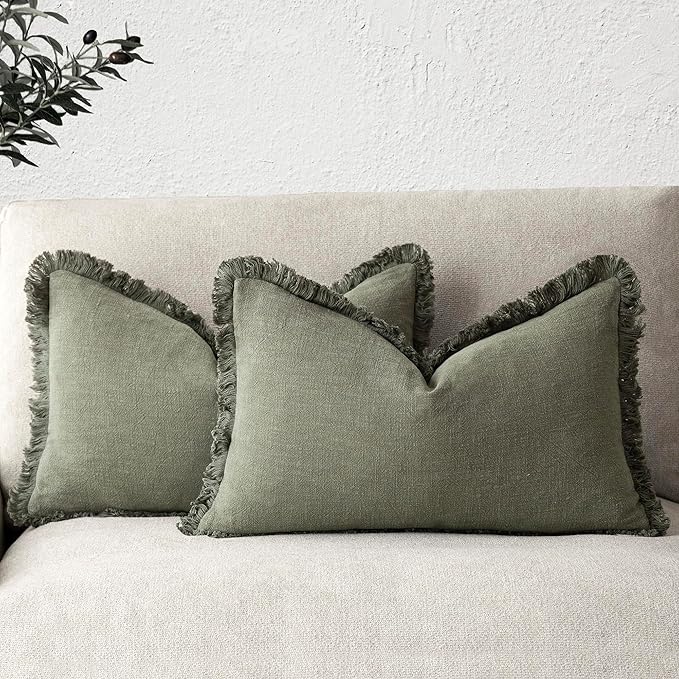 Foindtower Set of 2 Decorative Linen Fringe Lumbar Throw Pillow Covers Boho Farmhouse Cushion Cover with Tassels Soft Accent 