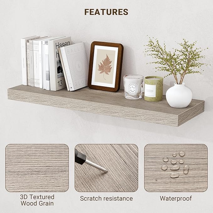 24 Inch Floating Shelves, 3D Textured Wood Grain, 24"x9.25"x1.5" Inch Deep Floating Shelves for Wall, Wooden Shelves for Bath