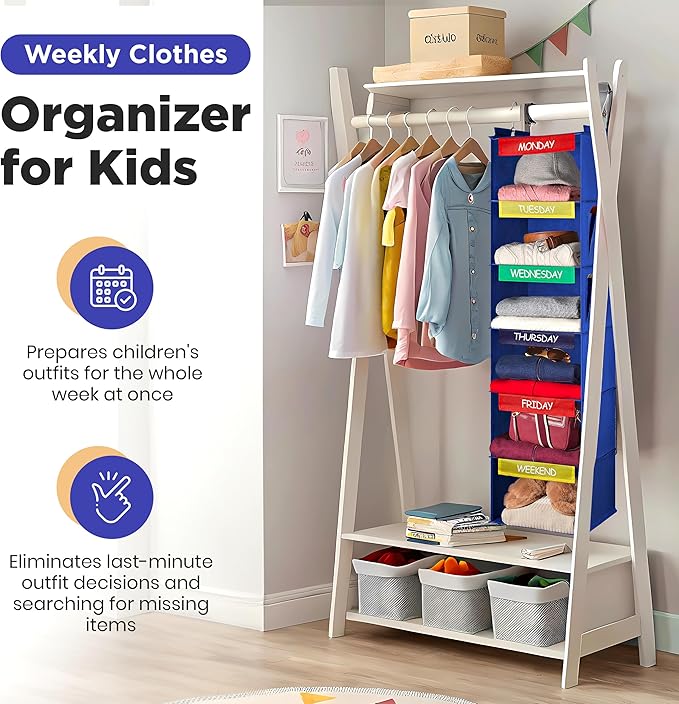 Handy Laundry Hanging Clothes Organizer for Kids - 6-Shelf Closet Daily Clothing Organization Labeled Shelves with Days of Th