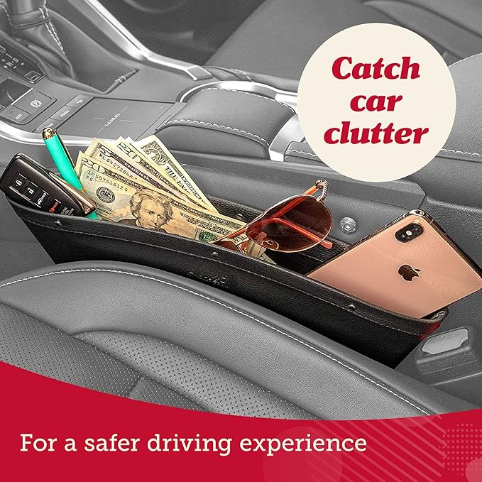 Lusso Gear Car Seat Gap Organizer - Pack of 2 - Prevents Items Falling & Seat Gap Filler - Universal Fit 0.5"-2" Slots & Automotive Use - Easy Clean Design for Auto Accessories - Gray Faux Leather